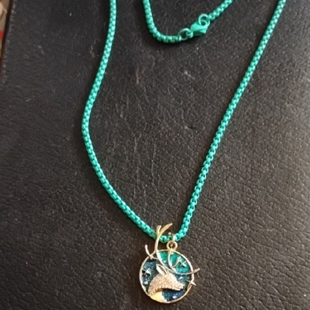 Sparkling Gold and Teal Reindeer Necklace